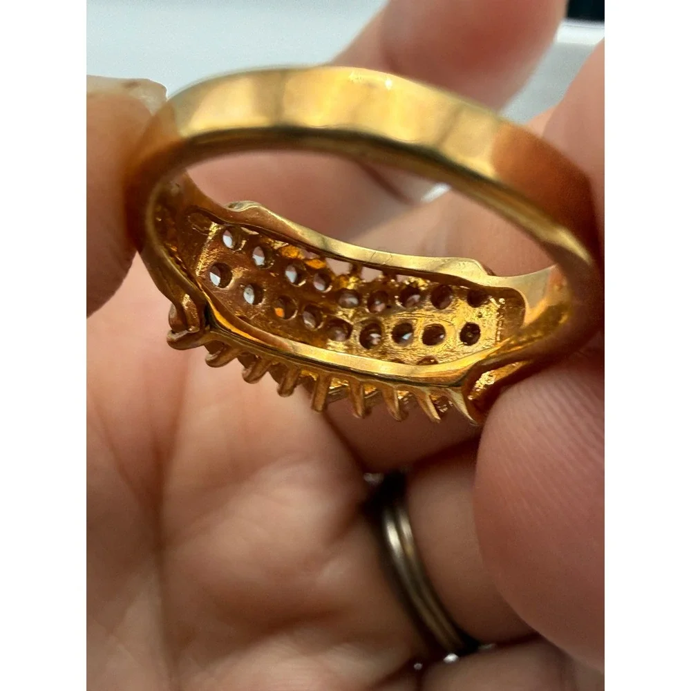 Gold Tone Triple Row Clear Cubic Zirconia Pave Cocktail Ring Size 7.25